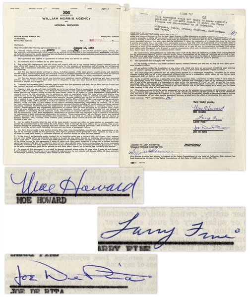 The Three Stooges Signed Agreement With William Morris Agency From March 1963 -- Signed by Moe Howard, Larry Fine & Joe DeRita -- 2pp. on Single 8.25 x 10.75 Sheet -- Near Fine